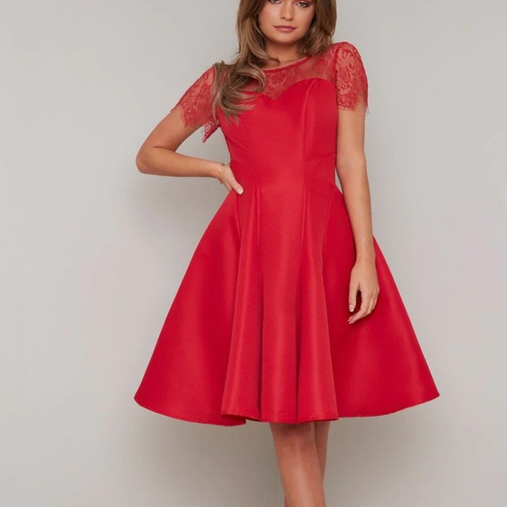Petite lace midi prom dress in red
